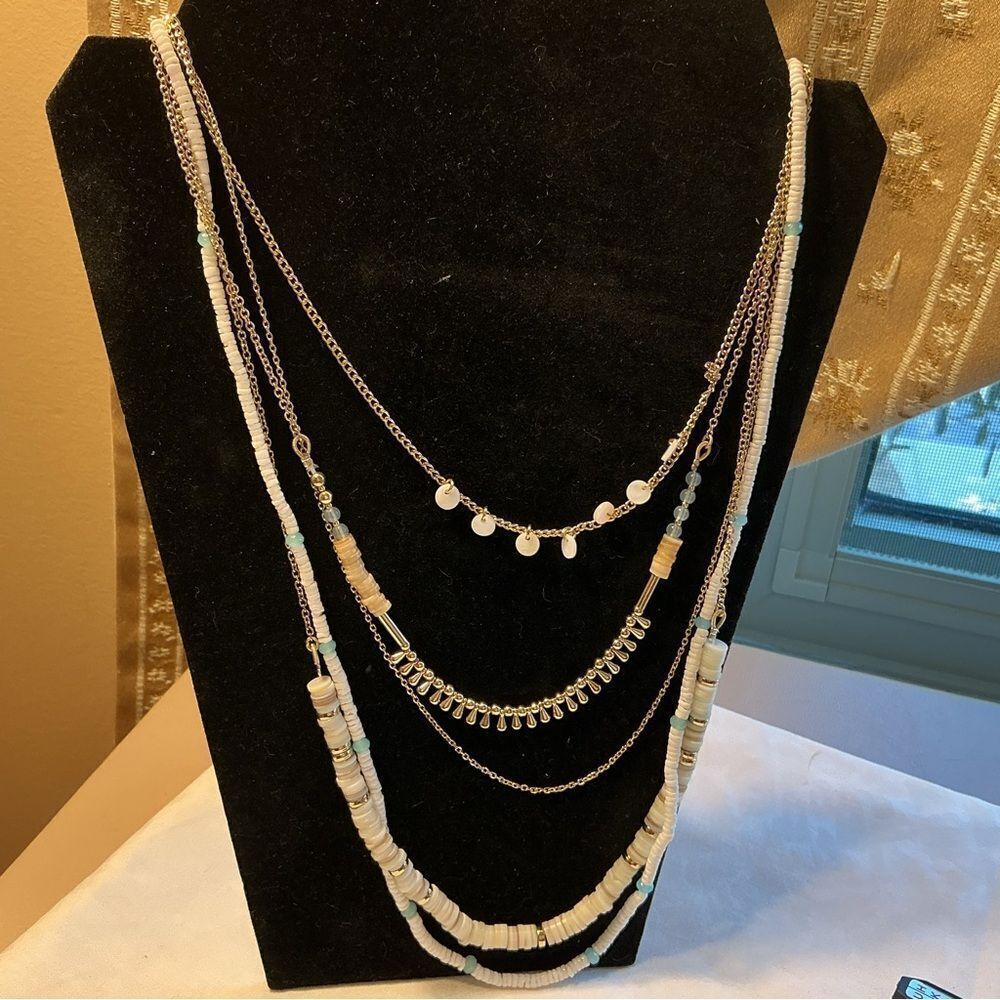 Talbots Brand 5 Strand Goldtone and Shell Beads Long Necklace - Picture 3 of 8